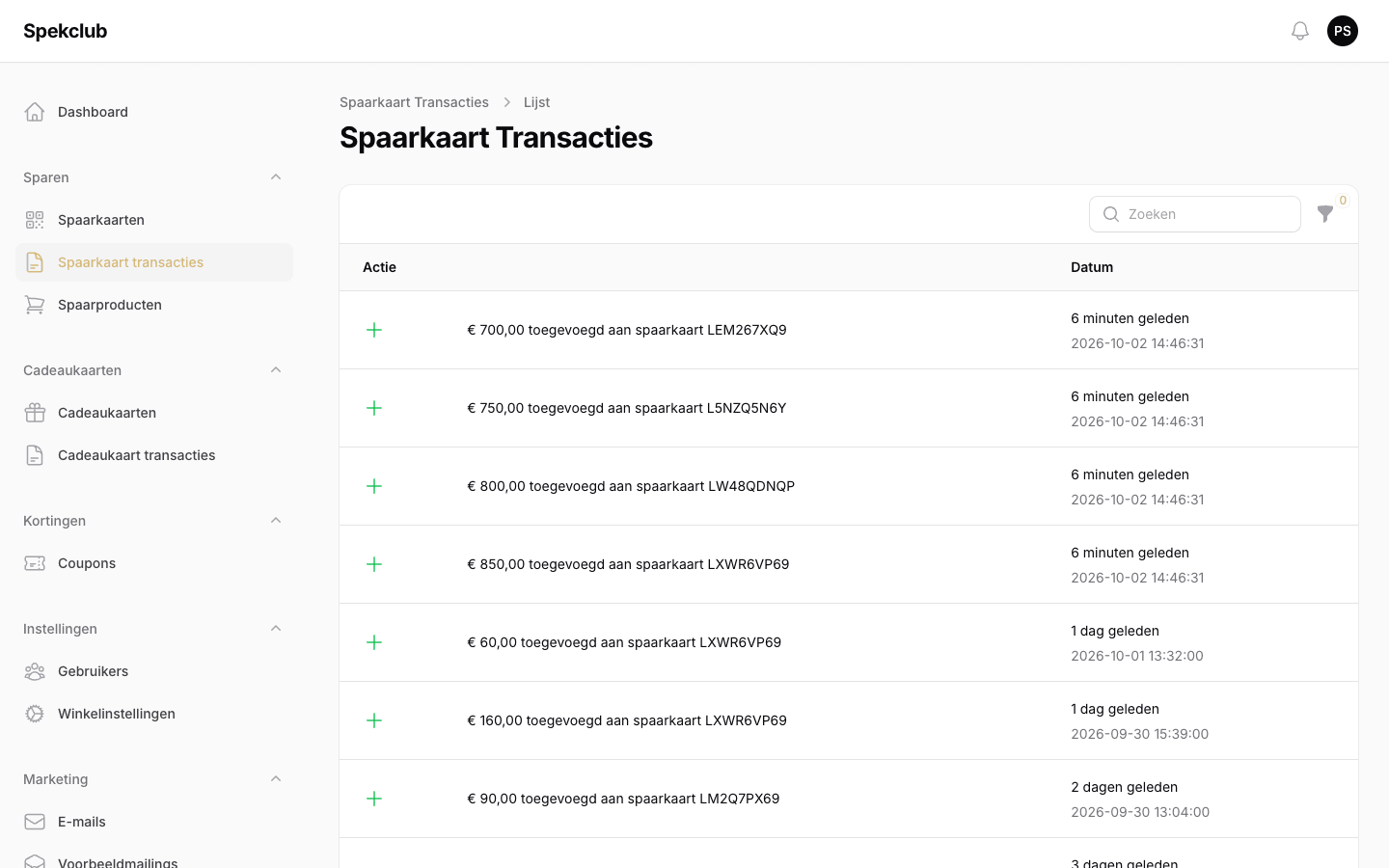 De lijst met spaarkaart transacties