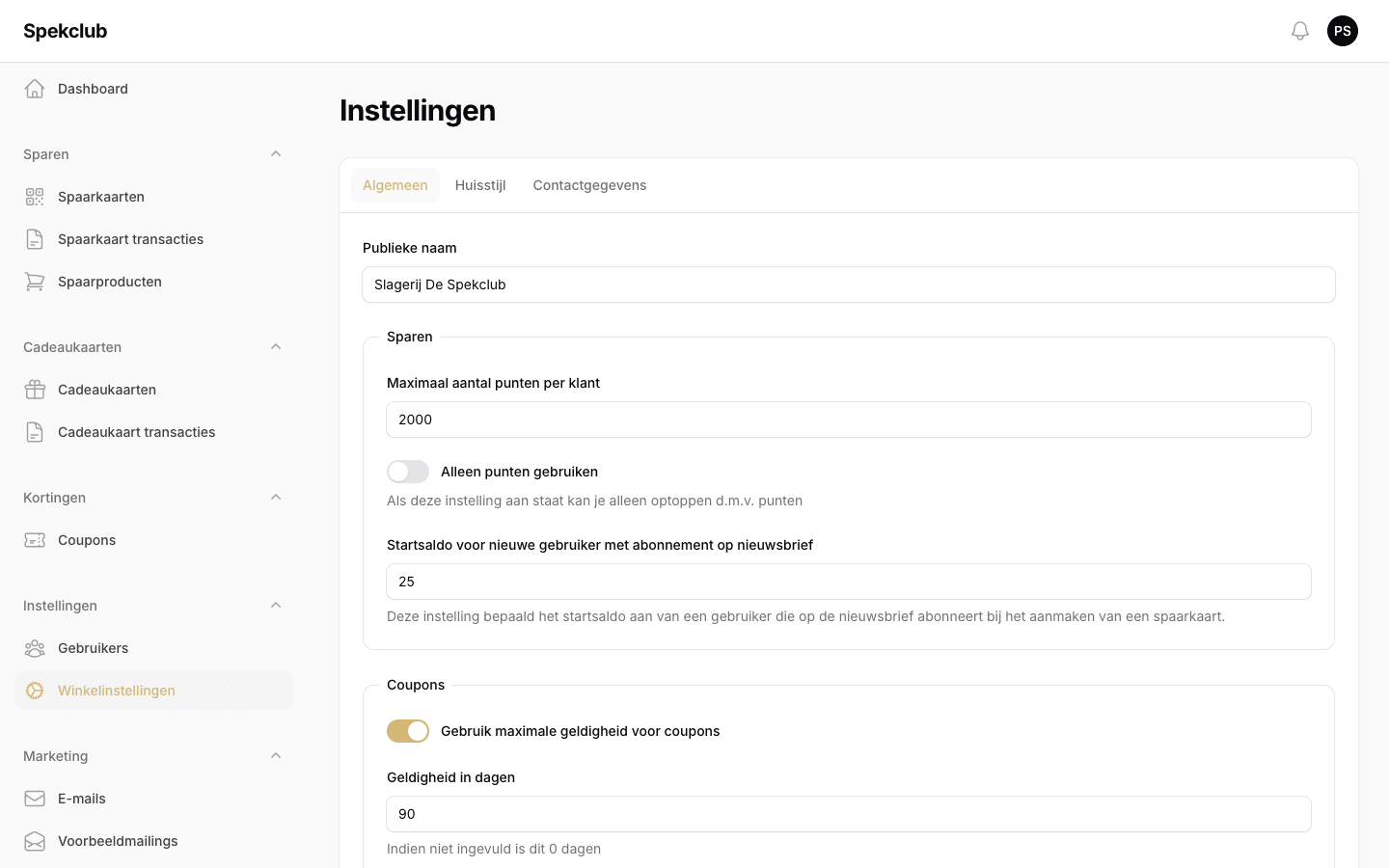 De pagina Instellingen met de drie tabbladen