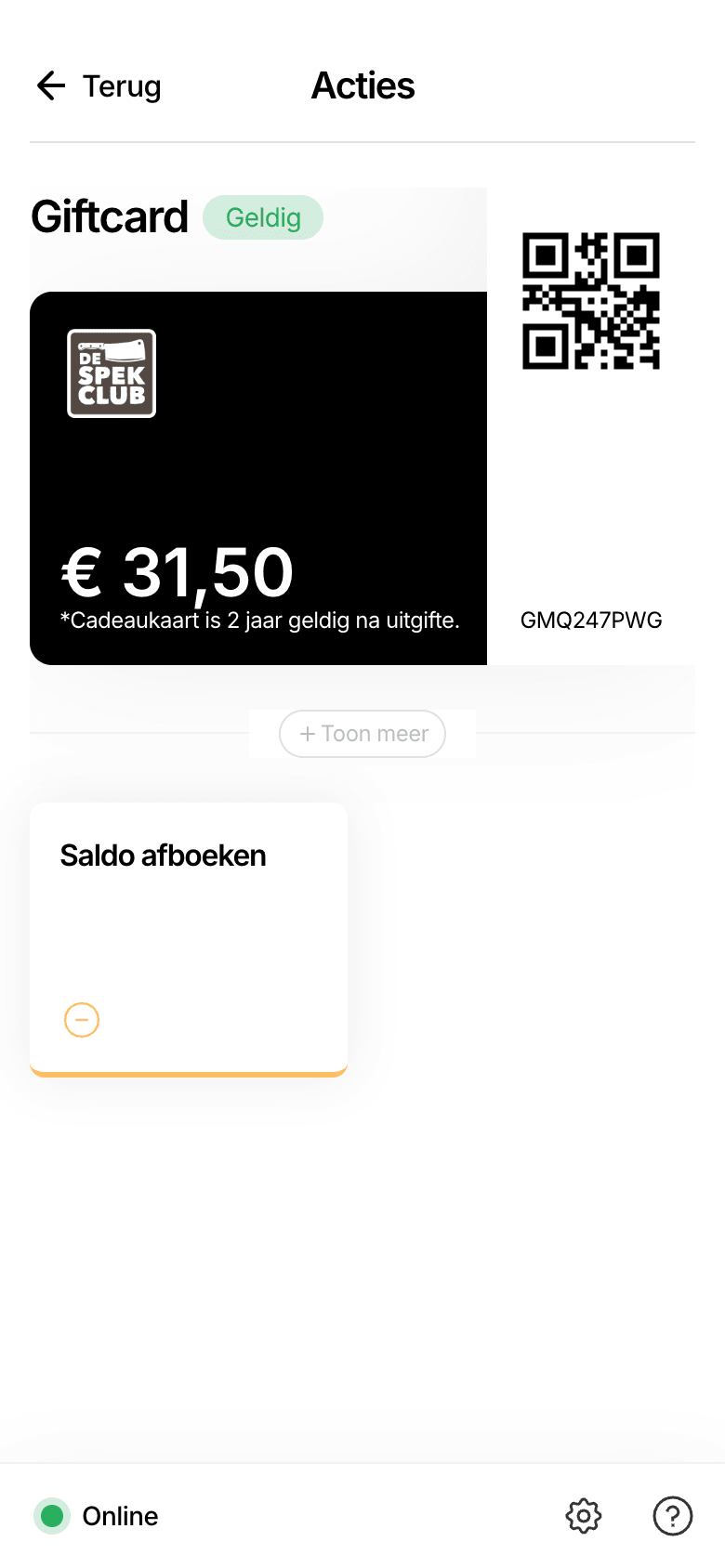Het scherm Acties van een cadeaukaart